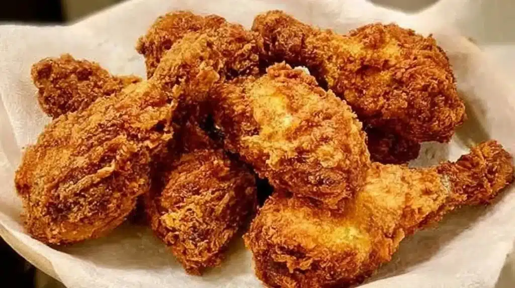Golden crispy fried chicken served on a plate with dipping sauce