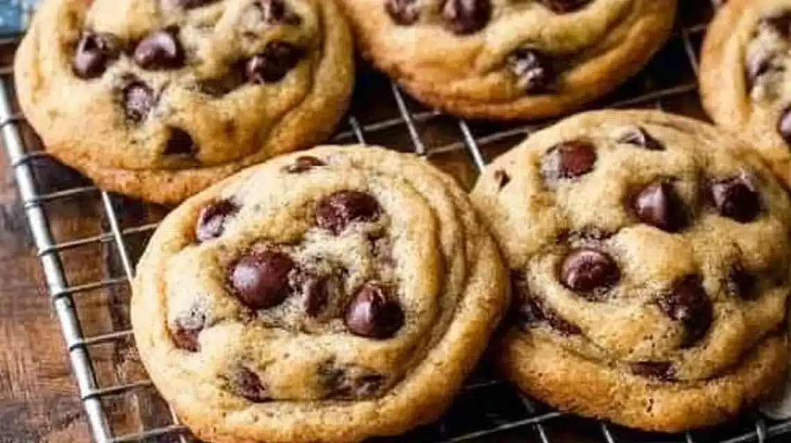 Delicious homemade chocolate chip cookies freshly baked on a cooling rack