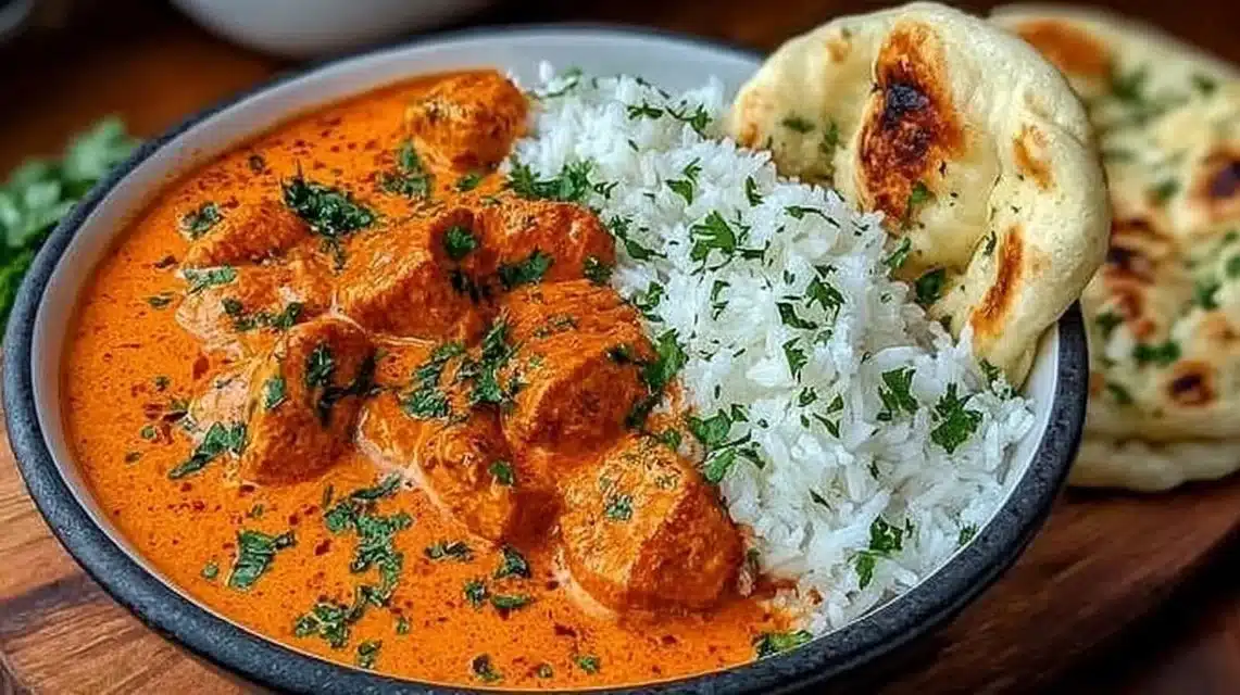 The Butter Chicken (Easy 30-Minute Dinner Tonight) 1 Delicious butter chicken served with naan and rice in a vibrant dish