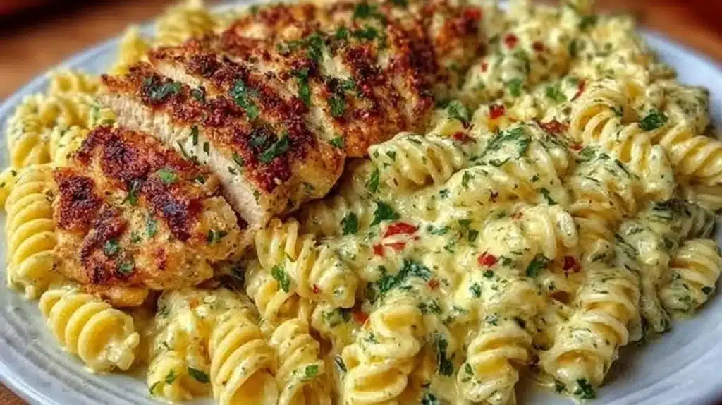 Creamy garlic parmesan chicken pasta dish, garnished and served in a bowl