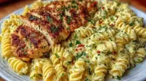 Creamy garlic parmesan chicken pasta dish, garnished and served in a bowl