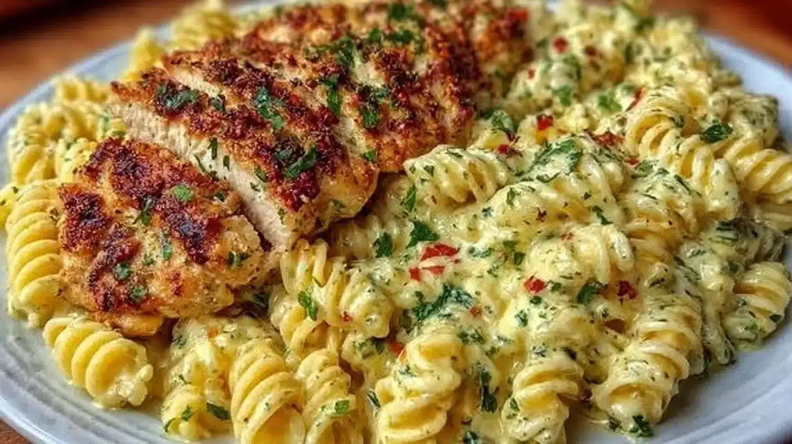 Creamy garlic parmesan chicken pasta dish, garnished and served in a bowl
