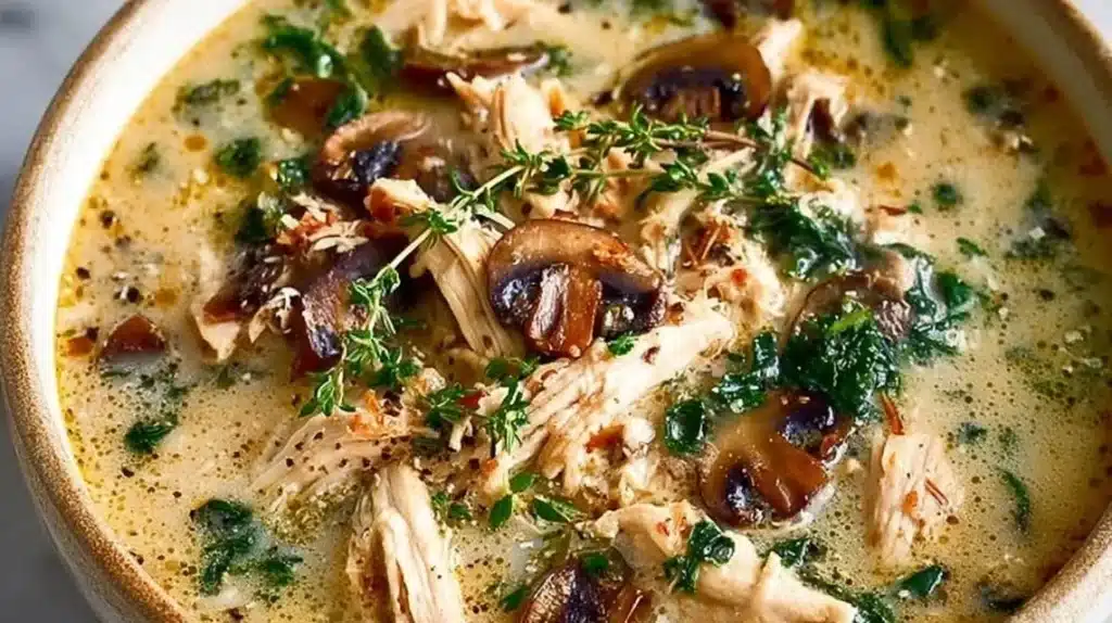 Rotisserie chicken and mushroom chicken soup served in a bowl