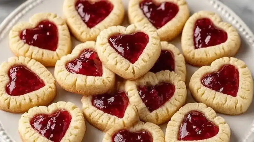 Delicious thumbprint heart cookies with jam filling on a baking tray.