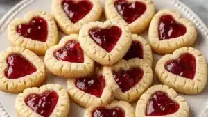 Delicious thumbprint heart cookies with jam filling on a baking tray.
