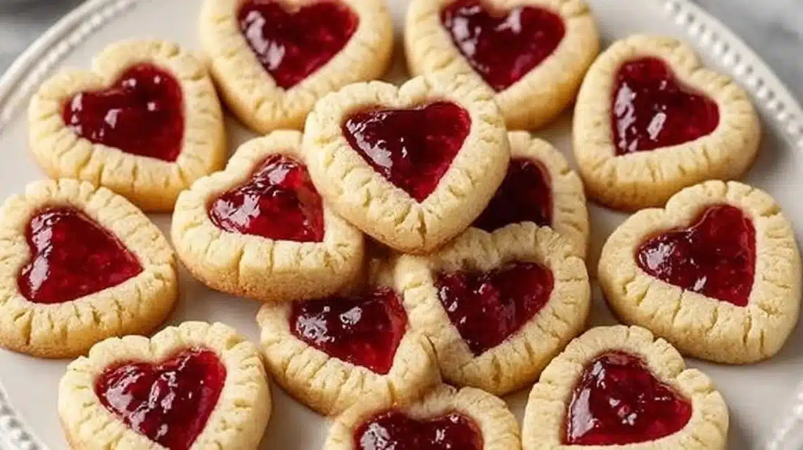 Delicious thumbprint heart cookies with jam filling on a baking tray.