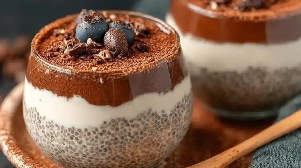 Tiramisu Chia Pudding with Greek Yogurt topped with cocoa and coffee