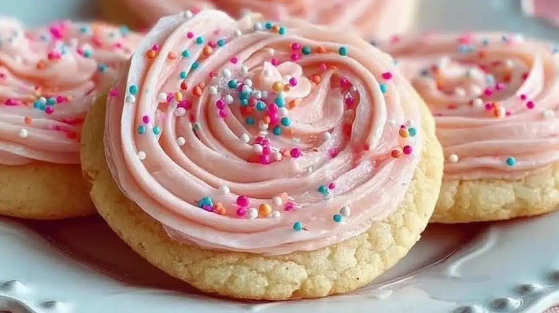 Delicious sugar cookie frosting spread on freshly baked sugar cookies.