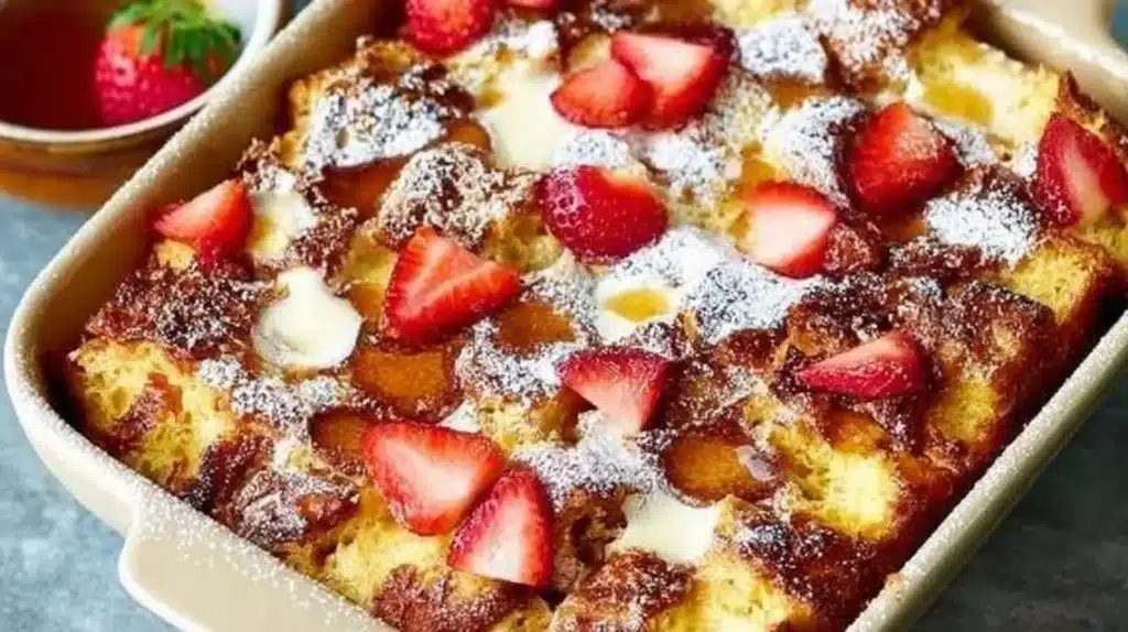 Delicious Valentine's Day French toast casserole topped with berries and syrup.