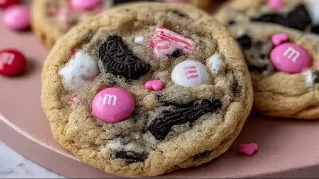 Delicious Valentine's Day Oreo M&M's Cookies fresh out of the oven.
