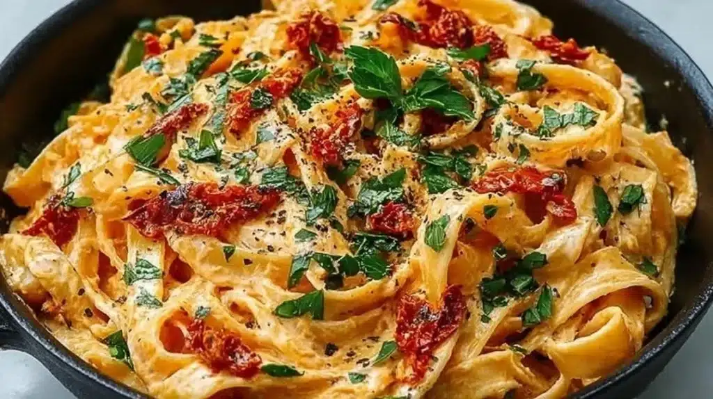 Vegan creamy sun dried tomato pasta dish garnished with fresh herbs