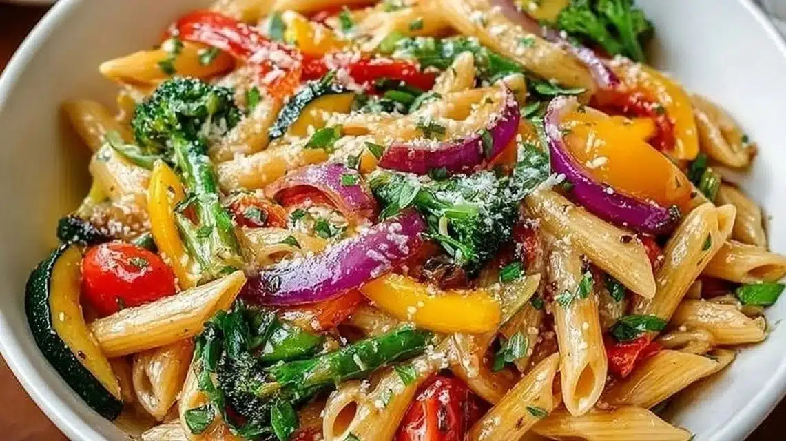 Vegetarian Pasta Primavera (Fresh, Colorful & Easy!) 1 Vegetarian pasta primavera with colorful vegetables and pasta in a bowl
