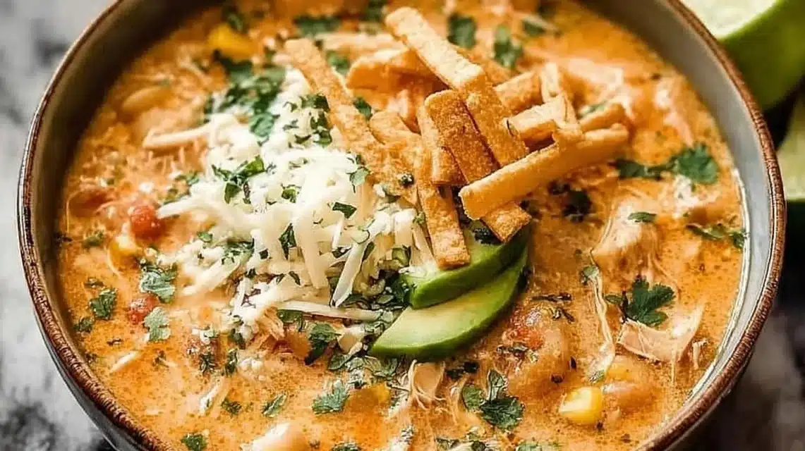 Bowl of creamy White Chicken Chili topped with cilantro and jalapeños