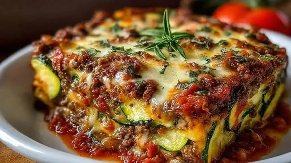Delicious zucchini pizza casserole topped with cheese and vegetables
