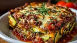 Delicious zucchini pizza casserole topped with cheese and vegetables
