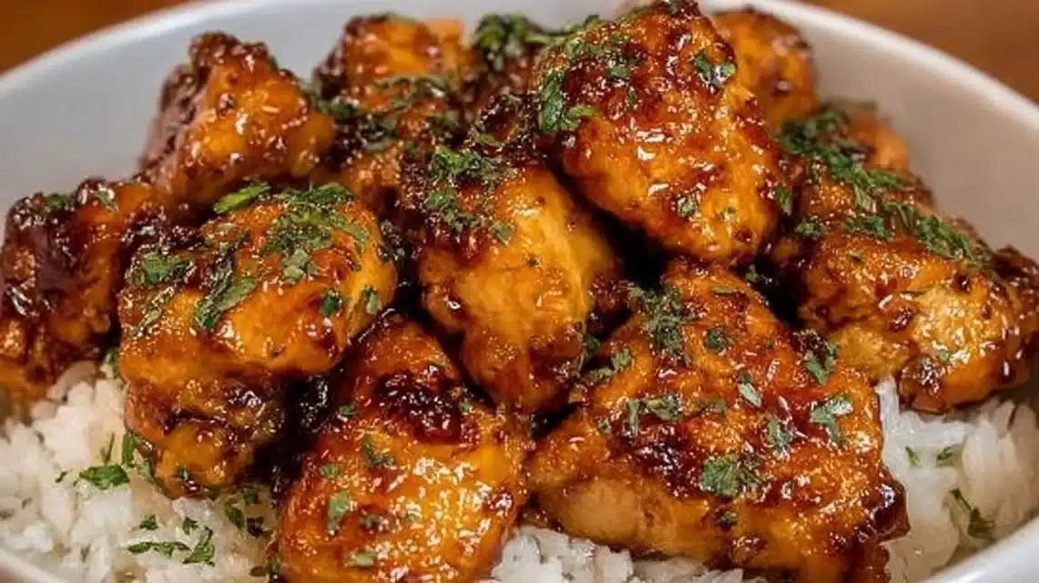 Sticky 20 Minute Honey Garlic Chicken Bites with Big Flavor 1 Quick honey garlic chicken bites served on a plate with garnish