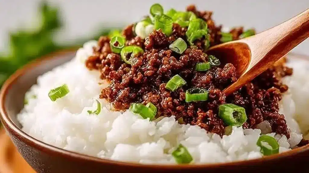 20 Minute Korean Ground Beef dish served with rice and vegetables