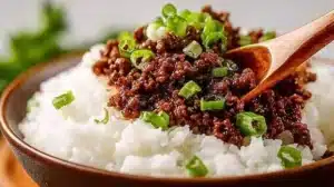 20 Minute Korean Ground Beef Better Than Takeout 20 Minute Korean Ground Beef dish served with rice and vegetables