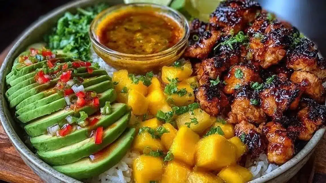 Colorful BBQ chicken mango bowl with vibrant ingredients and garnishes