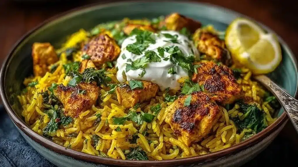 Plate of anti-inflammatory turmeric chicken served with rice and vegetables