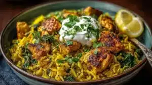 Plate of anti-inflammatory turmeric chicken served with rice and vegetables