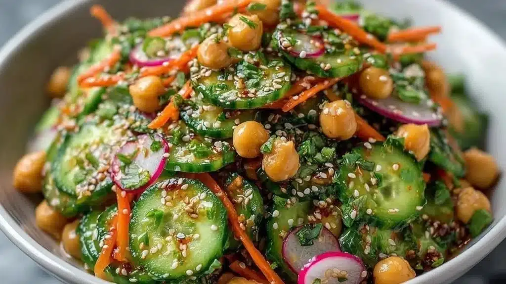 Asian cucumber and chickpea slaw with sesame dressing in a bowl.
