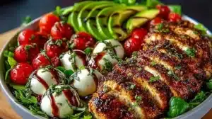 Baked marinated chicken salad with mozzarella cheese and balsamic vinaigrette