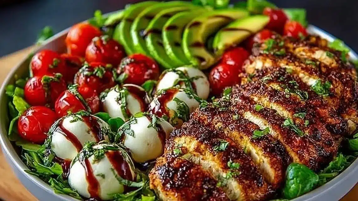 Baked Marinated Chicken Salad with Mozzarella and Balsamic Vinaigrette 1 Baked marinated chicken salad with mozzarella cheese and balsamic vinaigrette