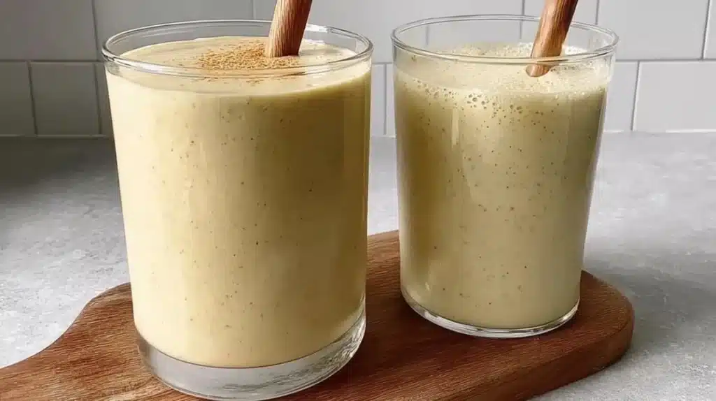 A refreshing banana date protein shake in a glass, topped with banana slices.
