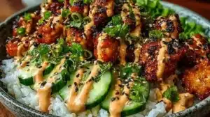 Bang Bang Chicken Bowl featuring spicy chicken over rice