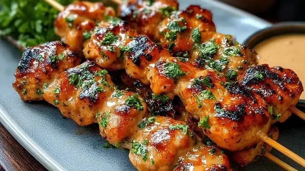 Delicious Bang Bang Chicken skewers served on a plate with dipping sauce