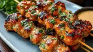 The Best Bang Bang Chicken Skewers for Busy Weeknights Delicious Bang Bang Chicken skewers served on a plate with dipping sauce