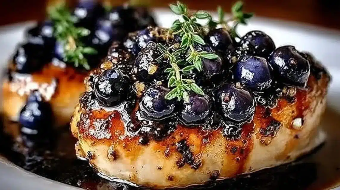 Blueberry Thyme Chicken Easy Dinner Recipe 1 Delicious blueberry thyme chicken dish garnished with fresh thyme and blueberries