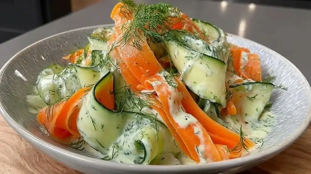 Fresh Carrot Cucumber Ribbon Salad served in a bowl
