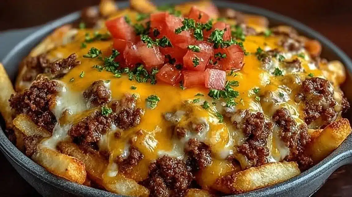 Cheeseburger French Fry Casserole Easy Cheesy Weeknight Meal 1 Cheeseburger Casserole topped with crispy French fries and cheese