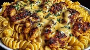 Cheesy Rotini with Garlic Parmesan Chicken served in a bowl