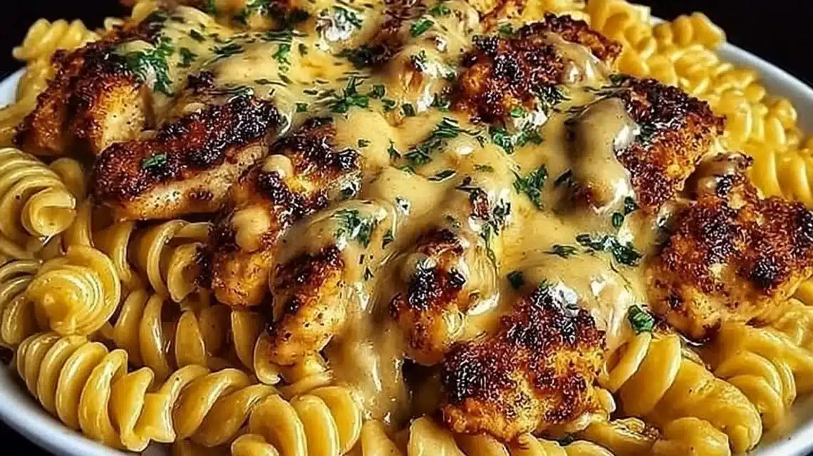 The Best Cheesy Rotini with Garlic Parmesan Chicken for Busy Nights 1 Cheesy Rotini with Garlic Parmesan Chicken served in a bowl