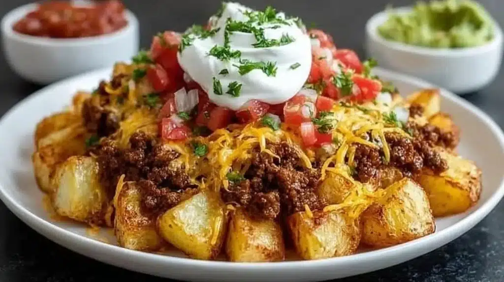 Delicious cheesy taco potatoes topped with melted cheese and spices