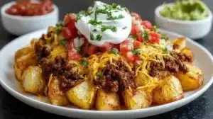 Cheesy Taco Potatoes Easy Ground Beef Potato Recipe Delicious cheesy taco potatoes topped with melted cheese and spices