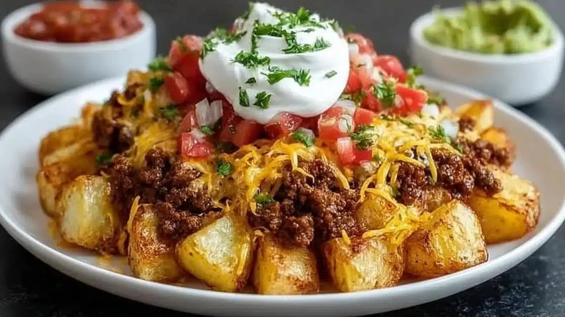 Cheesy Taco Potatoes Easy Ground Beef Potato Recipe 1 Delicious cheesy taco potatoes topped with melted cheese and spices