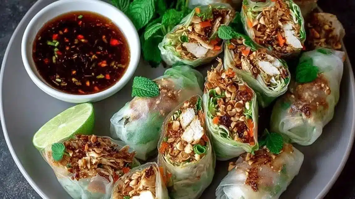 Crispy Chicken Spring Rolls served with dipping sauce