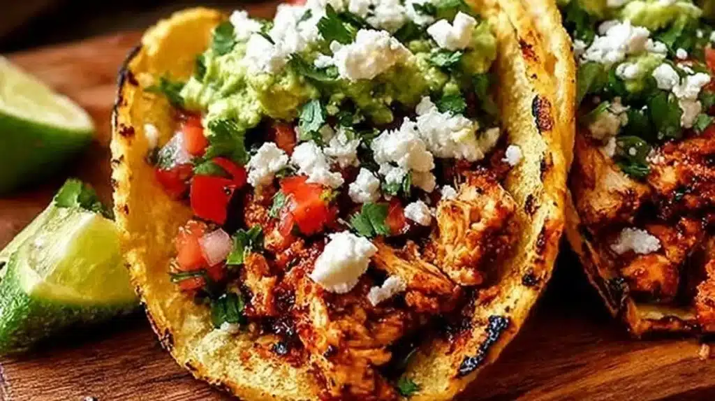 Plate of colorful chicken street tacos topped with fresh ingredients