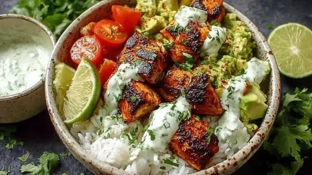 Cilantro Lime Chicken Bowls topped with fresh cilantro and lime slices