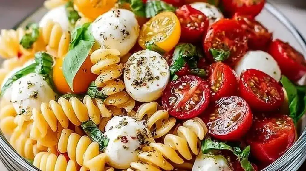 Colorful Caprese Pasta Salad with fresh ingredients like mozzarella, tomatoes, and basil