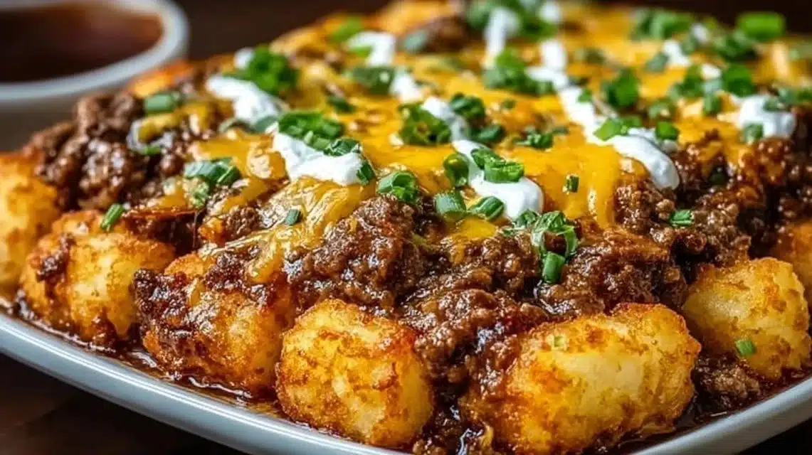 A delicious Cowboy Casserole served in a rustic dish, topped with cheese and herbs.