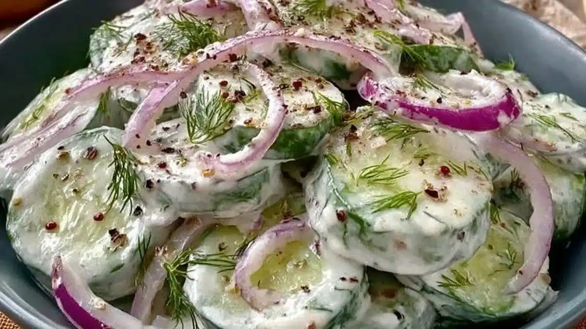 Creamy cucumber salad with fresh ingredients in a bowl