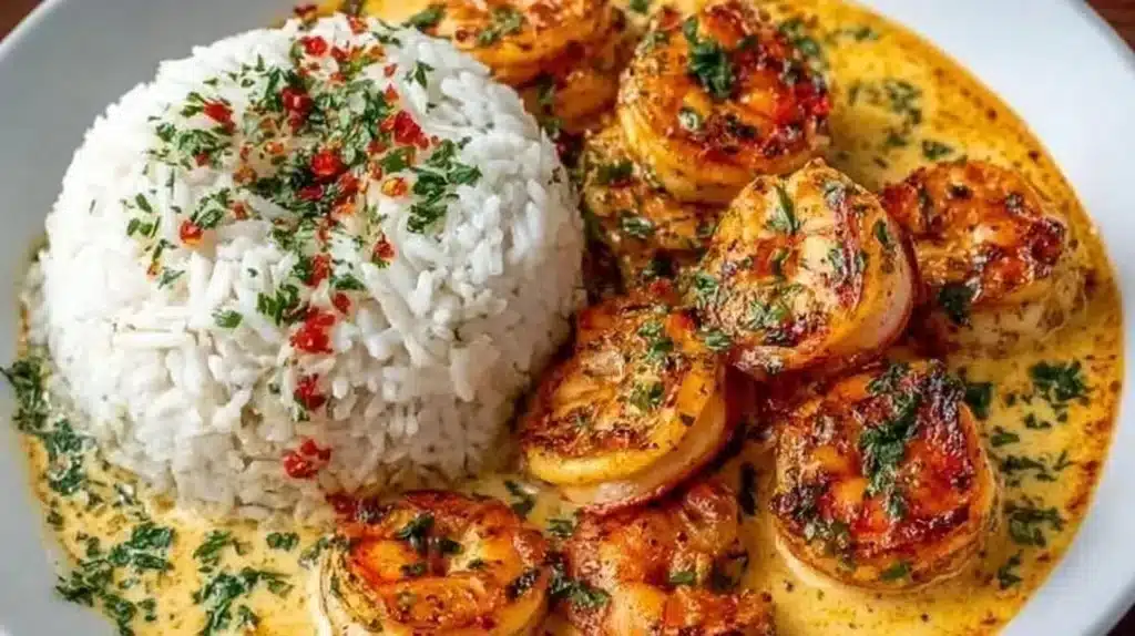 Plate of creamy garlic butter shrimp garnished with fresh herbs