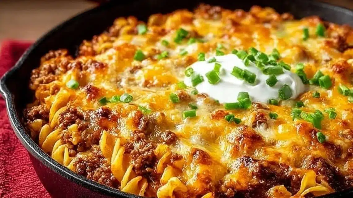 Creamy ground beef casserole topped with cream cheese in a baking dish