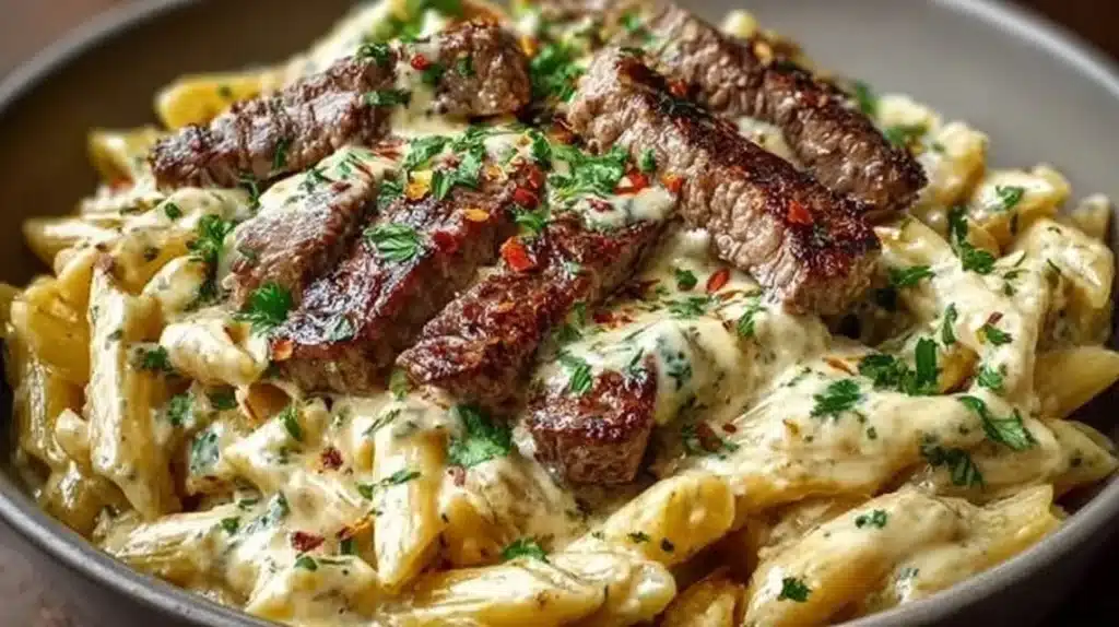 Delicious creamy steak pasta served in a bowl, garnished with herbs.