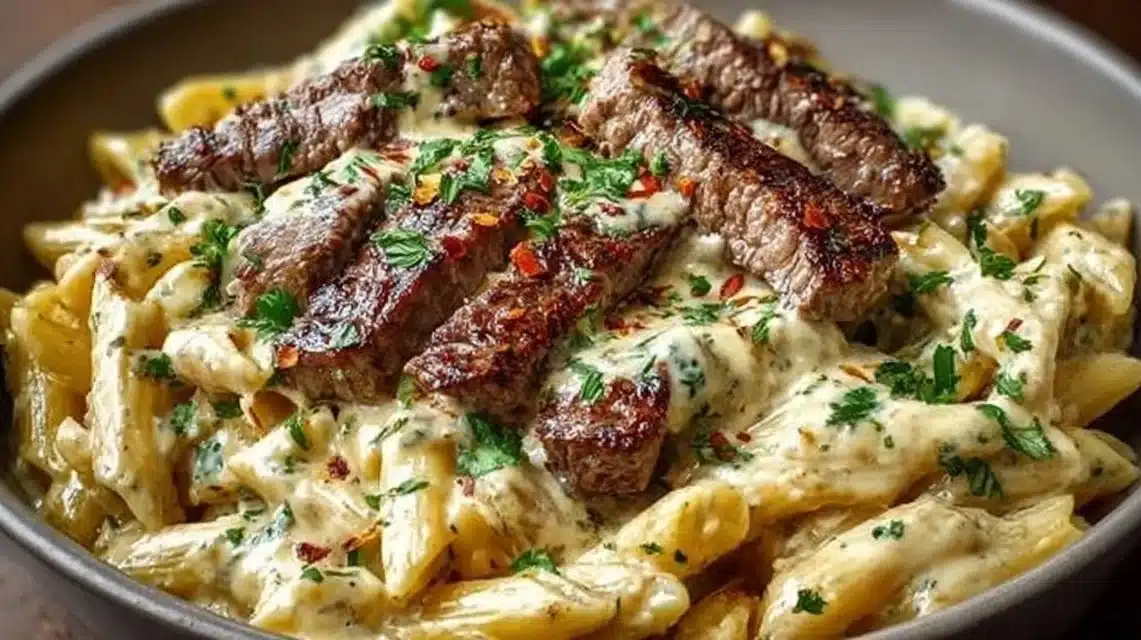 Delicious creamy steak pasta served in a bowl, garnished with herbs.